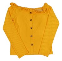 Pomerančové žebrované crop triko s knoflíky a volánkem a lodičkovým výstřihem Candy Couture