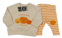 Nové - 2Set - Světlebéžová melírovaná mikina s dýněmi + oranžovo/bílé pruhované legíny Originals
