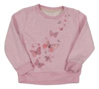 Růžová melírovaná mikina s motýly s flitry a krajkou zn. F&F