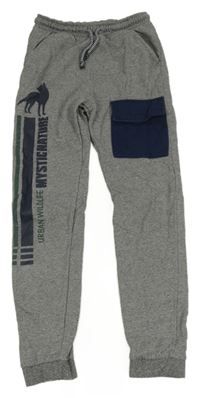 Šedé melírované tepláky s kapsou a vlkem Kids