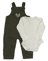 2set - Khaki žebrované laclové kalhoty s medvědem + bílé žebrované body Tu