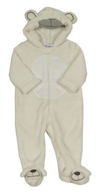 Smetanová chlupatá kombinéza s kapucí - medvěd