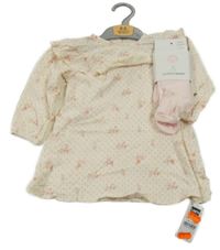 Nové - 2set - Krémové puntíkaté šaty s květinami a volánem + světlerůžové žebrované punčocháče Dunnes