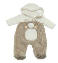 Hnědo-smetanová chlupatá podšitá kombinéza s medvědem a kapucí Tu