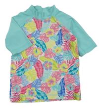 Bílo-tyrkysovo-barevné UV tričko s listy Pocopiano