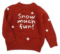 Cihlový svetr s nápisem a bambulkami Tu