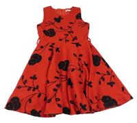 Červené fleecové šaty s černými vyšívanými květy 