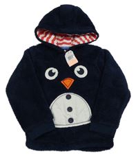 Nové - tmavomodrá chlupatá mikina s tučňákem a kapucí 