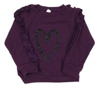 Fialový žebrovaný lehký svetr se srdcem a volánky shein