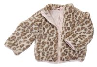 Hnědo-smetanová leopardí chlupatá podšitá propínací mikina F&F