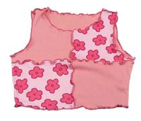 Růžový žebrovaný crop top s květy Shein
