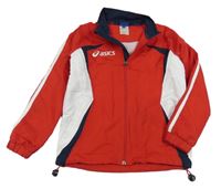 Červeno-tmavomodro-bílá šusťáková sportovní bunda s nápisem 