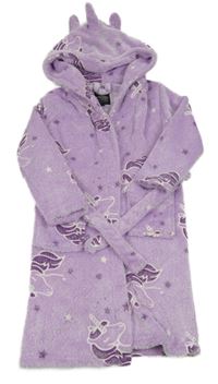 Lila plyšový župan s jednorožci a kapucí 