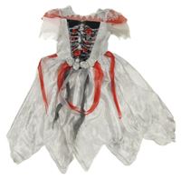 Kostým - Bílo-šedo-červené saténové šaty s kostrou a 3D květy George