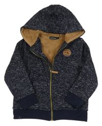 Tmavomodrá melírovaná pletená propínací zateplená mikina s výšivkou a kapucí