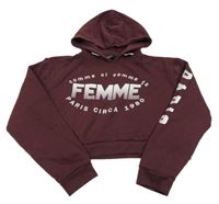 Vínová crop mikina s nápisy a kapucí New Look