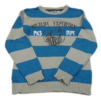 Šedo-modrý pruhovaný svetr s vlkem a nápisy Pepperts