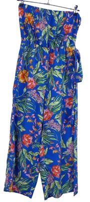 Dámský modrý květovaný culottes kalhotový overal s páskem Primark 