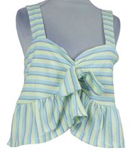 Dámský světlezeleno-modro-žlutý pruhovaný crop top s mašlí 