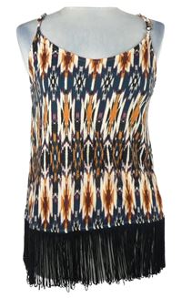 Dámský tmavomodro-oranžovo-černý vzorovaný top s třásněmi 