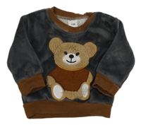 Šedo-hnědá plyšová zateplená mikina s medvědem 