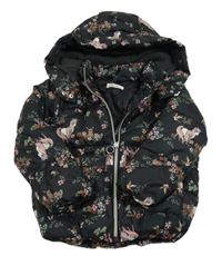 Černá květinová šusťáková zimní bunda s jednorožci a kapucí H&M