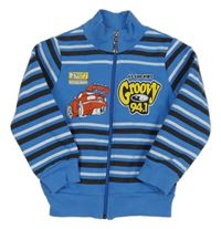 Modro-černo-bílá pruhovaná propínací mikina s autem a nápisem