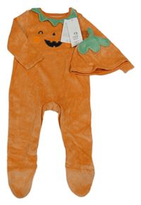Nové - Kostým - 2Set - Oranžový sametový overal -dýně + čepice F&F
