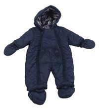 Tmavomodrá šusťáková prošívaná zimní kombinéza s kapucí + rukavice Next