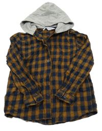 Tmavomodro-medová kostkovaná flanelová košile s kapucí Anytime