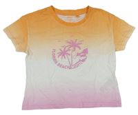 Oranžovo-bílo-růžové tónované crop tričko s nápisem 