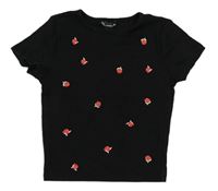 Černé žebrované crop tričko s kytičkami New Look