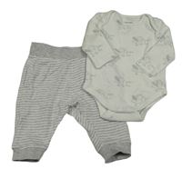 2Set - Šedo-bílé pruhované melírované tepláky + bílé body s ptáčky C&A