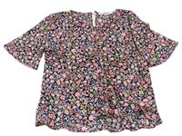Tmavomodrá květovaná crop halenka s nařasením H&M
