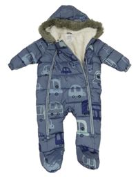 Tmavomodrošedá prošívaná šusťáková zimní kombinéza s auty a kapucí F&F