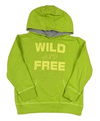 Limetková mikina s nápisy a kapsou a kapucí Kids