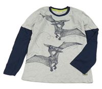 Světlešedo-tmavomodré melírované triko s dinosaury Kids