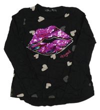 Černé triko s pusinkou s překlápěcími flitry a srdíčky Desigual