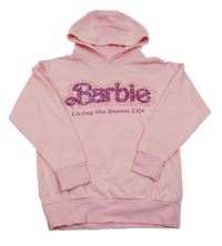 Světlerůžová mikina s logem z flitrů - Barbie a kapsou a kapucí Matalan