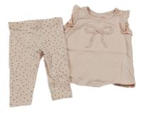 2Set - Světlepudrové tričko s mašlí a volánky + puntíkaté legíny F&F