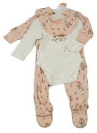 Nové - 3Set - Broskvový overal s kytičkami a houbičkami + šátek/slinták + bílé body s obrázkem PRIMARK