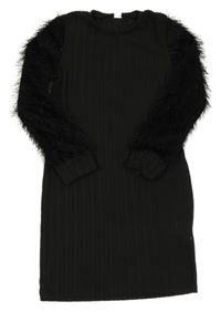 Černé žebrované úpletové šaty s chlupatými třpytivými rukávy SHEIN