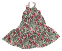 Bílo-khaki letní šaty s lístečky a květy a motýlky dopodopo