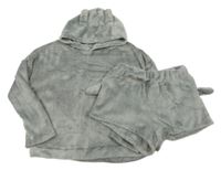 2Set - Šedá plyšová domácí mikina s kapucí s oušky + kraťasy - kočička