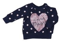Tmavomodrá puntíkatá mikina se třpytivým srdíčkem s nápisy PRIMARK