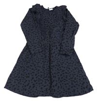 Tmavomodré vzorované teplákové šaty s volánky