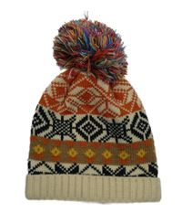 Béžovo-cihlovo-černá vzorovaná vlněná čepice s bambulí