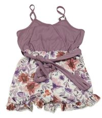 Fialovo-bílý kraťasový overal s květinami a páskem Shein