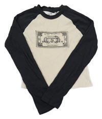 Béžovo-černé žebrované crop triko s potiskem - Harry Potter H&M