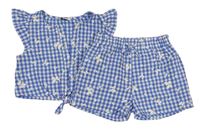 2 set - Modro-bílý propínací kostičkovaný top s motýlky + kraťasy Primark